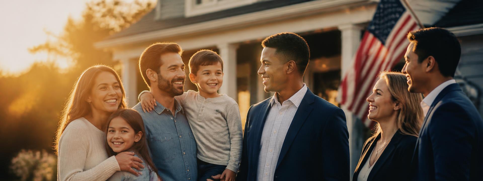American families and advisors outside a suburban home
